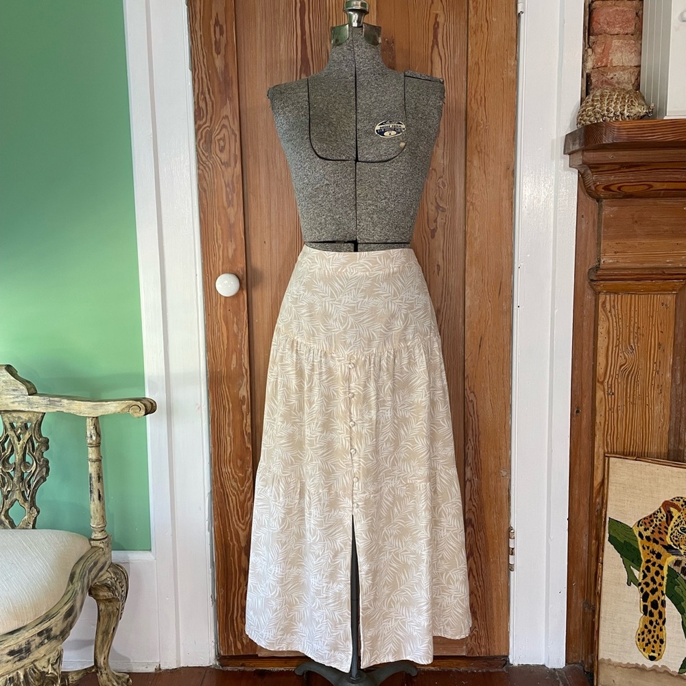 Midnight Sky Botanical Flax Blend Tiered Button Front Maxi Skirt Coastal Sz L 💚🎀 - Picture 3 of 10